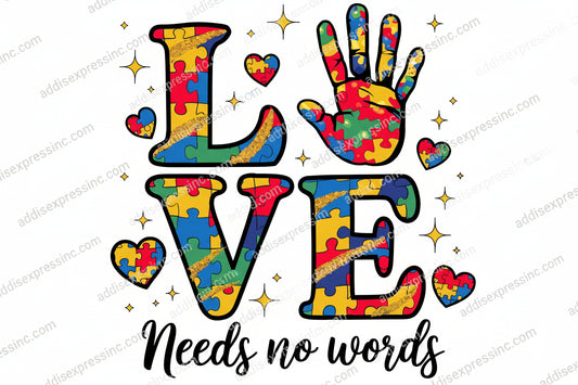 Colorful puzzle piece design with 'LOVE Needs no words' text on a white background