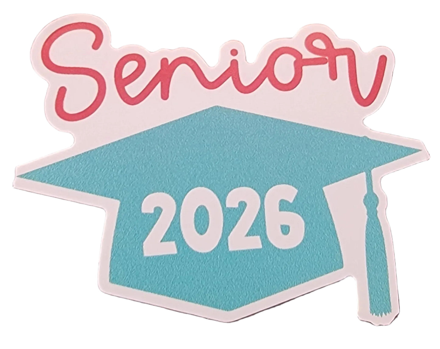 Two 'Senior 2026' stickers on a wooden surface