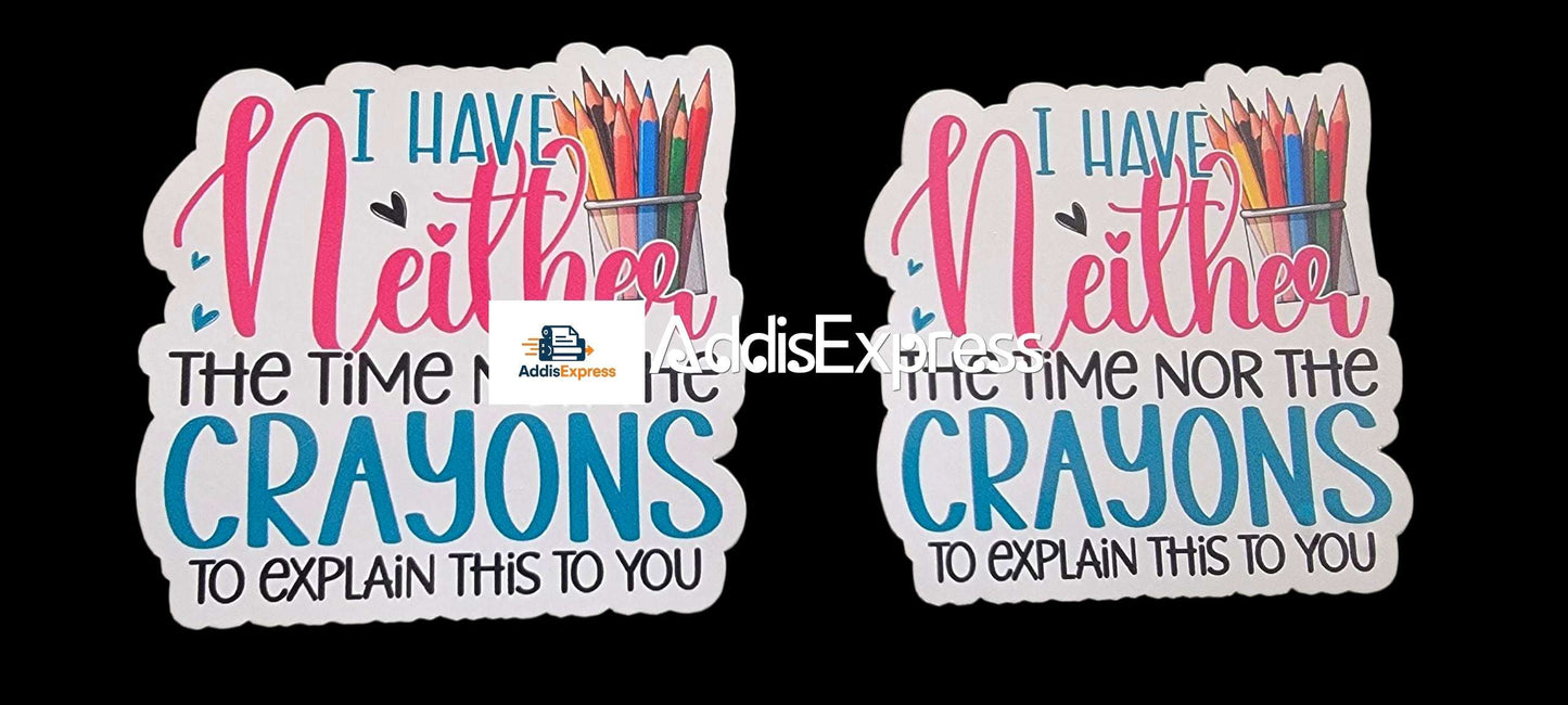 Two stickers with text and colorful crayon graphics on a black background