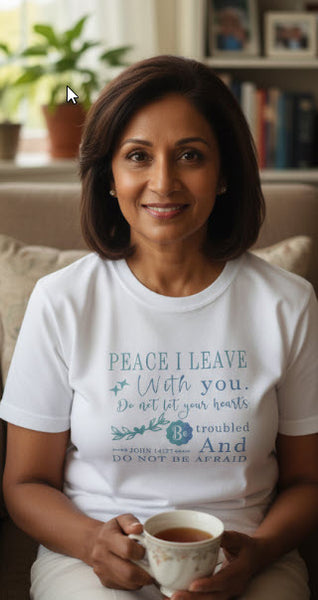 Woman sitting on a couch holding a cup, wearing a white t-shirt with a motivational quote.