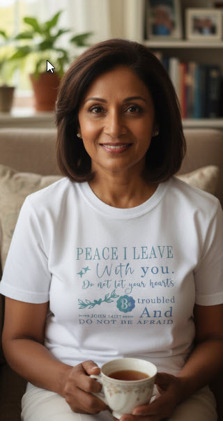 Woman sitting on a couch holding a cup, wearing a white t-shirt with a motivational quote.