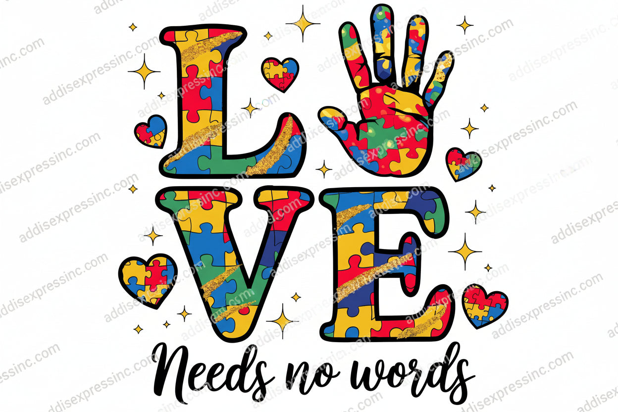 Colorful puzzle piece design with 'LOVE Needs no words' text on a white background