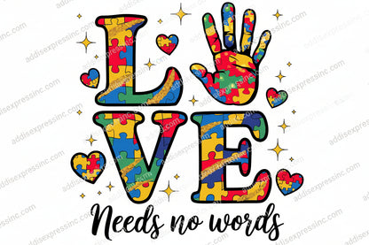 Colorful puzzle piece design with 'LOVE Needs no words' text on a white background