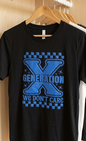 Black t-shirt with blue 'Generation X We Don't Care' graphic on a wooden hanger.