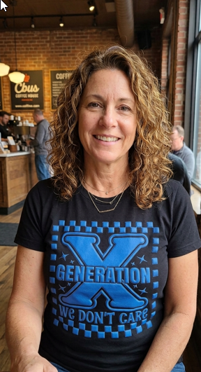 Woman wearing a black t-shirt with blue graphic design in a coffee shop setting