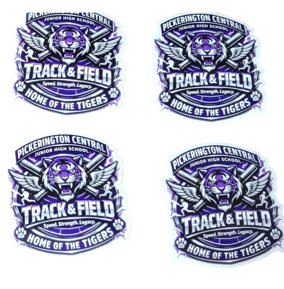 Four identical stickers of Pickerington Central Junior High School Track & Field logo with a tiger design.