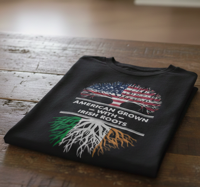 Black t-shirt with American and Irish flag design on a wooden surface