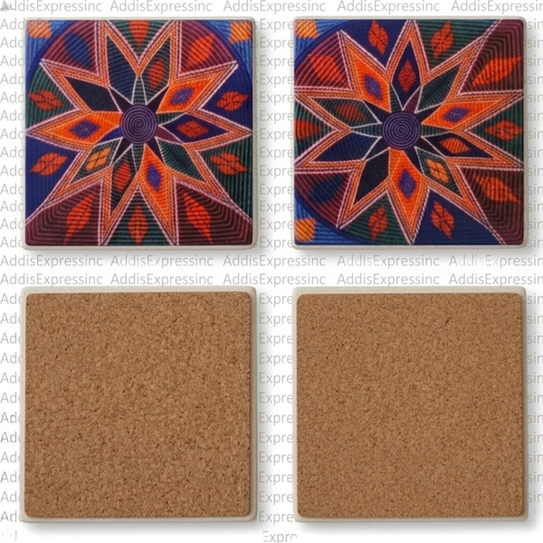 Two decorative coasters with a geometric pattern and two cork coasters on a white background.