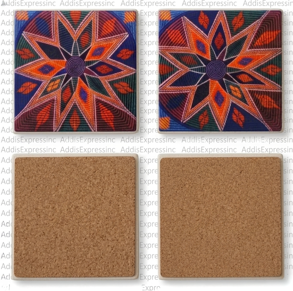 Two decorative coasters with a geometric pattern and two cork coasters on a white background.