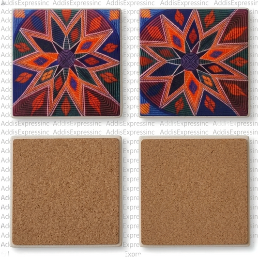 Two decorative coasters with a geometric pattern and two cork coasters on a white background.
