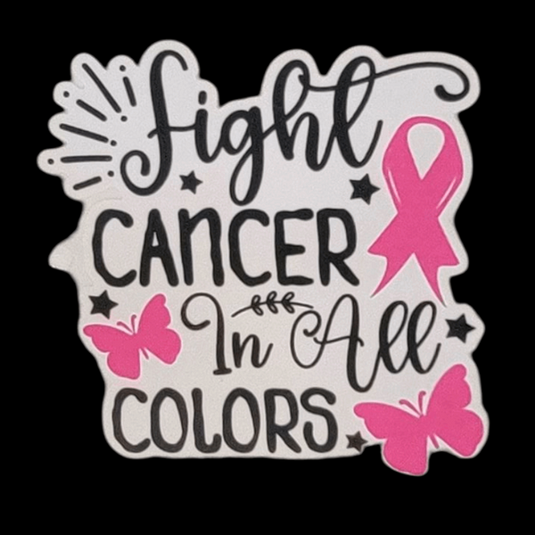 Three decorative stickers with pink ribbons and text on a black background