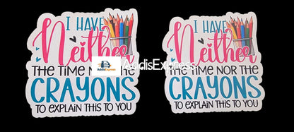 Two stickers with text and colorful crayon graphics on a black background