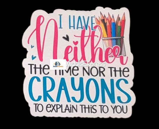 Sticker with colorful text and crayon illustration on a black background