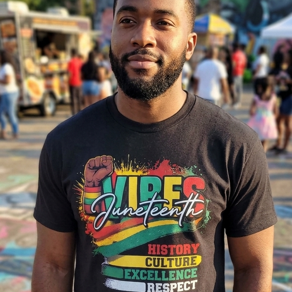 Man wearing a black t-shirt with Juneteenth graphics and text, standing in an outdoor setting.