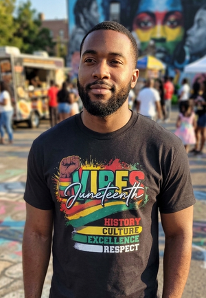 Man wearing a black t-shirt with Juneteenth graphics and text, standing in an outdoor setting.