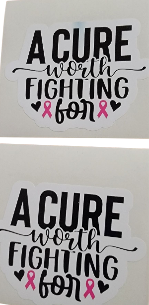Two stickers with 'A Cure is Fighting' text and pink ribbons on a white background