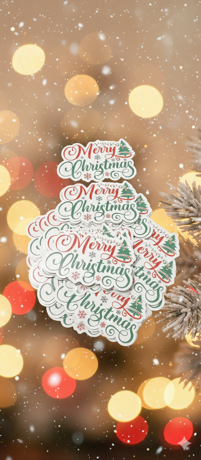 Decorative 'Merry Christmas' text design on a festive background with lights and snow.