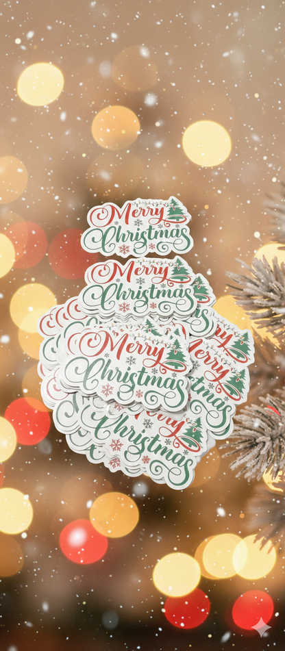 Decorative 'Merry Christmas' text design on a festive background with lights and snow.